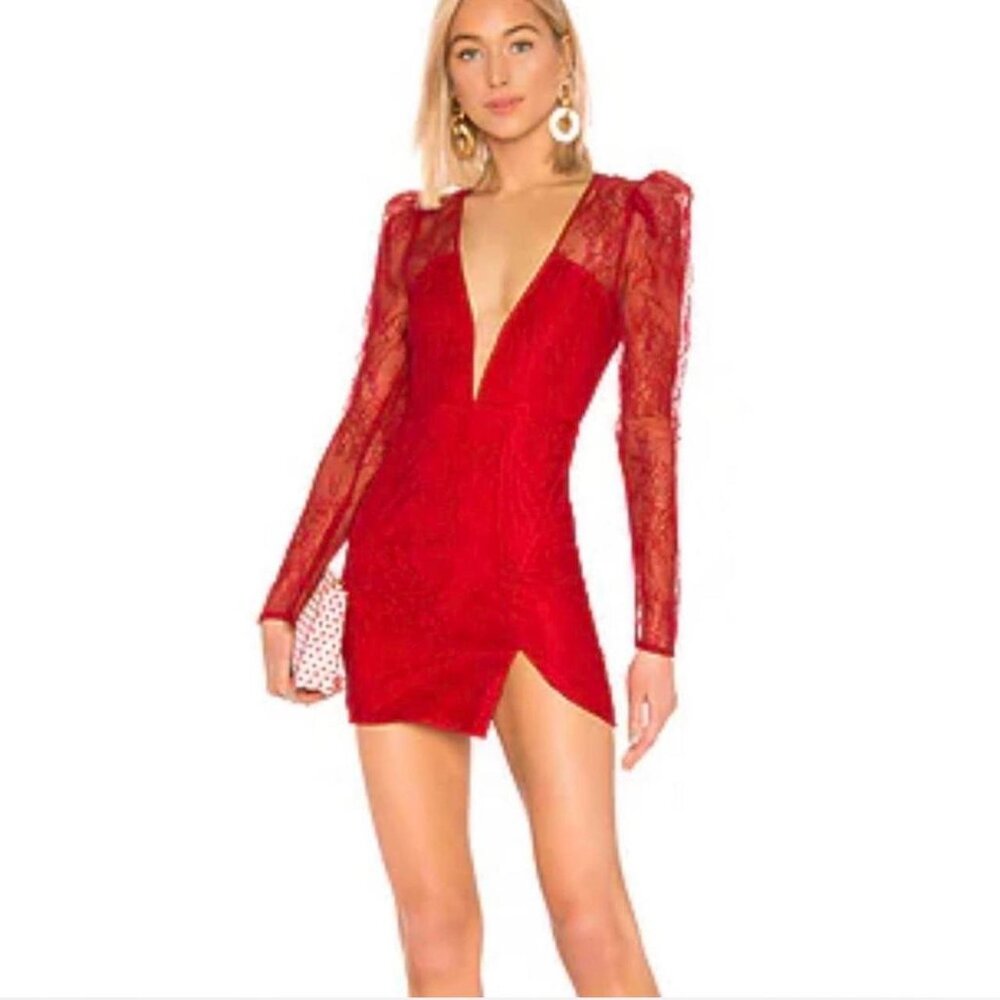 Michael Costello X Revolve Red Lace Long Puff Sleeve Dress